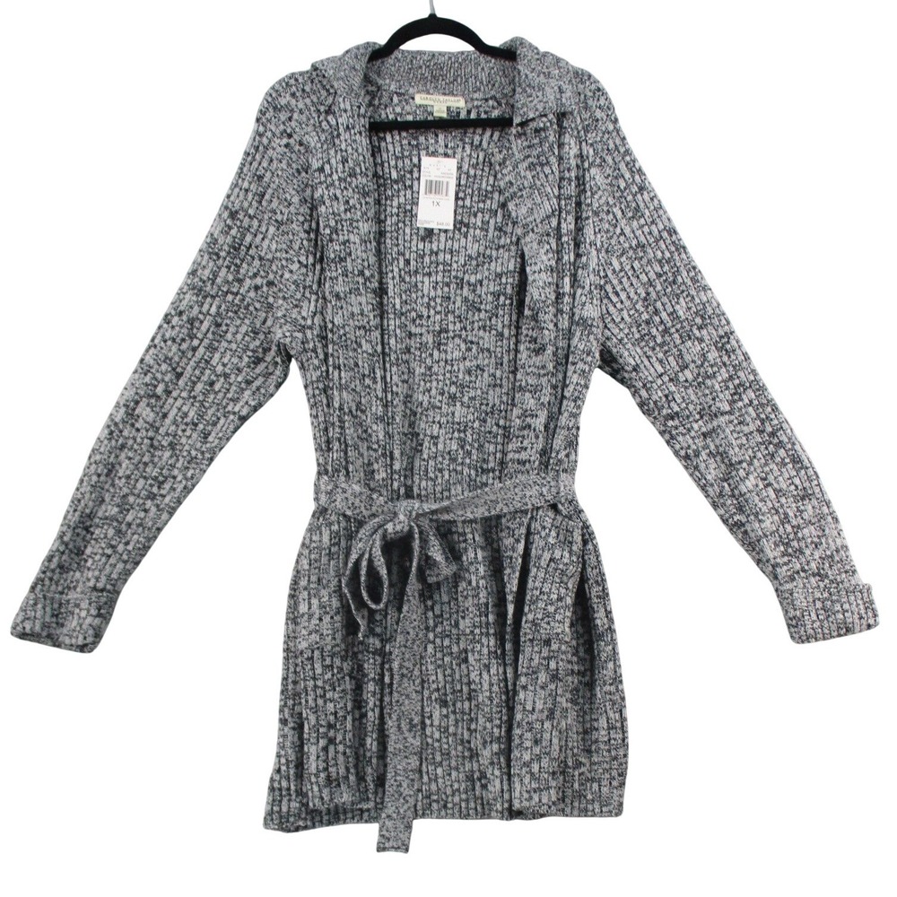 Carolyn Taylor Woman NWT Black White Marled Belted Cardigan Sweater 1X Shawl